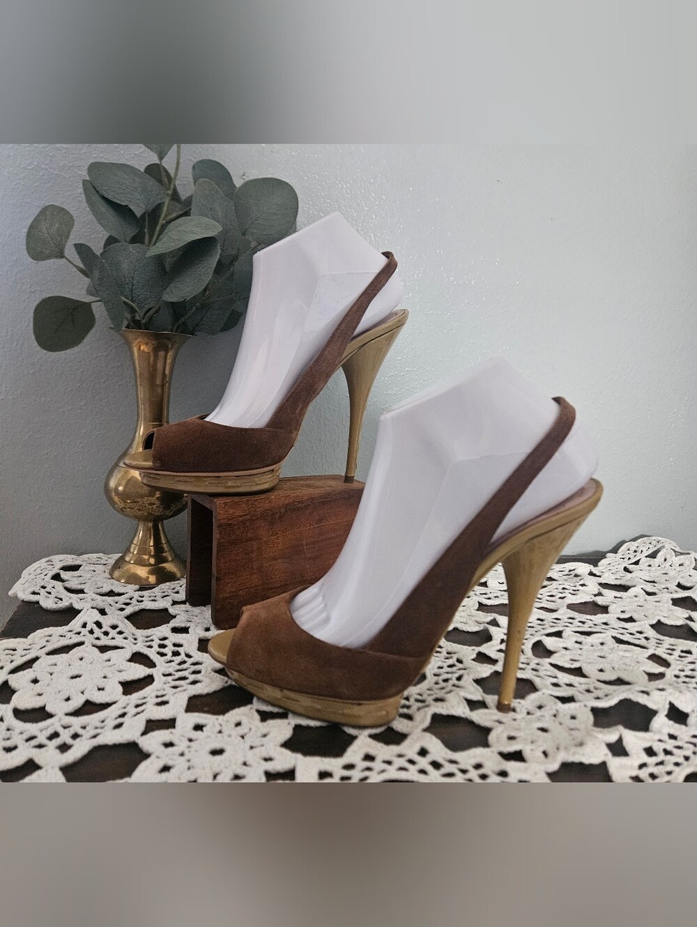 Miu Miu Vintage Brown Suede Peep Toe Wood Platform Slingback Stiletto Heels Sz 9